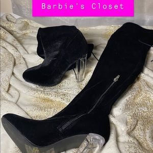 CLEAR HEEL ‼️ BLACK THIGH HIGH VELVET BOOTS 🖤